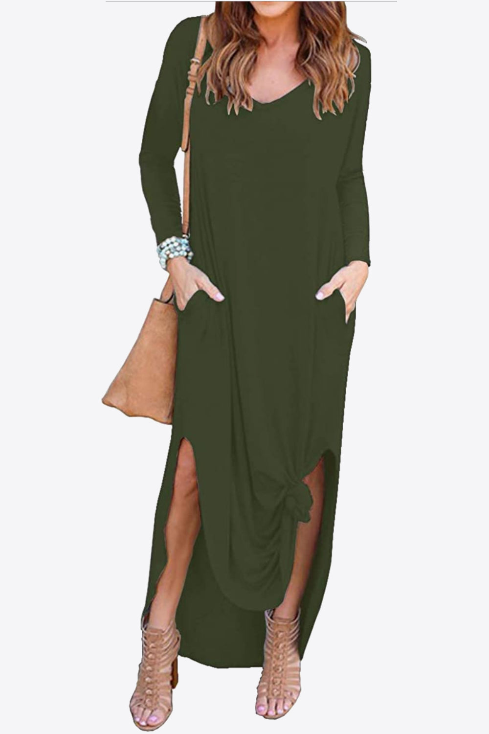 split long sleeve v-neck maxi dress