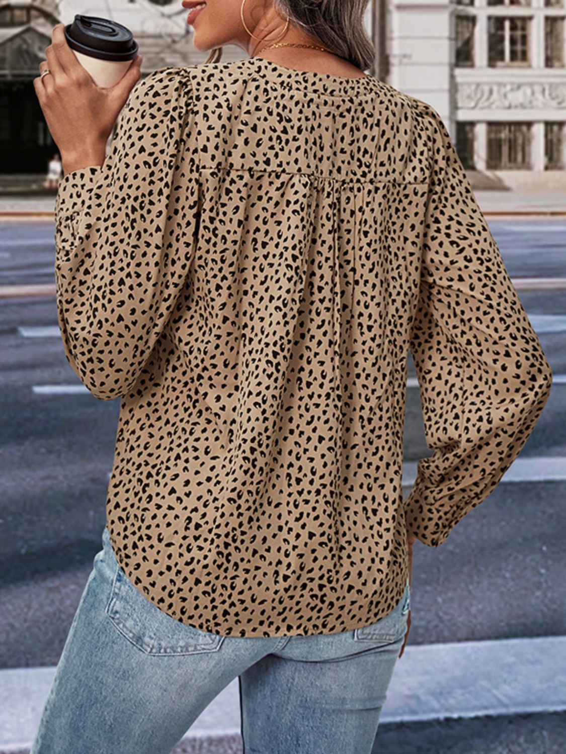 leopard notched neck puff sleeve blouse
