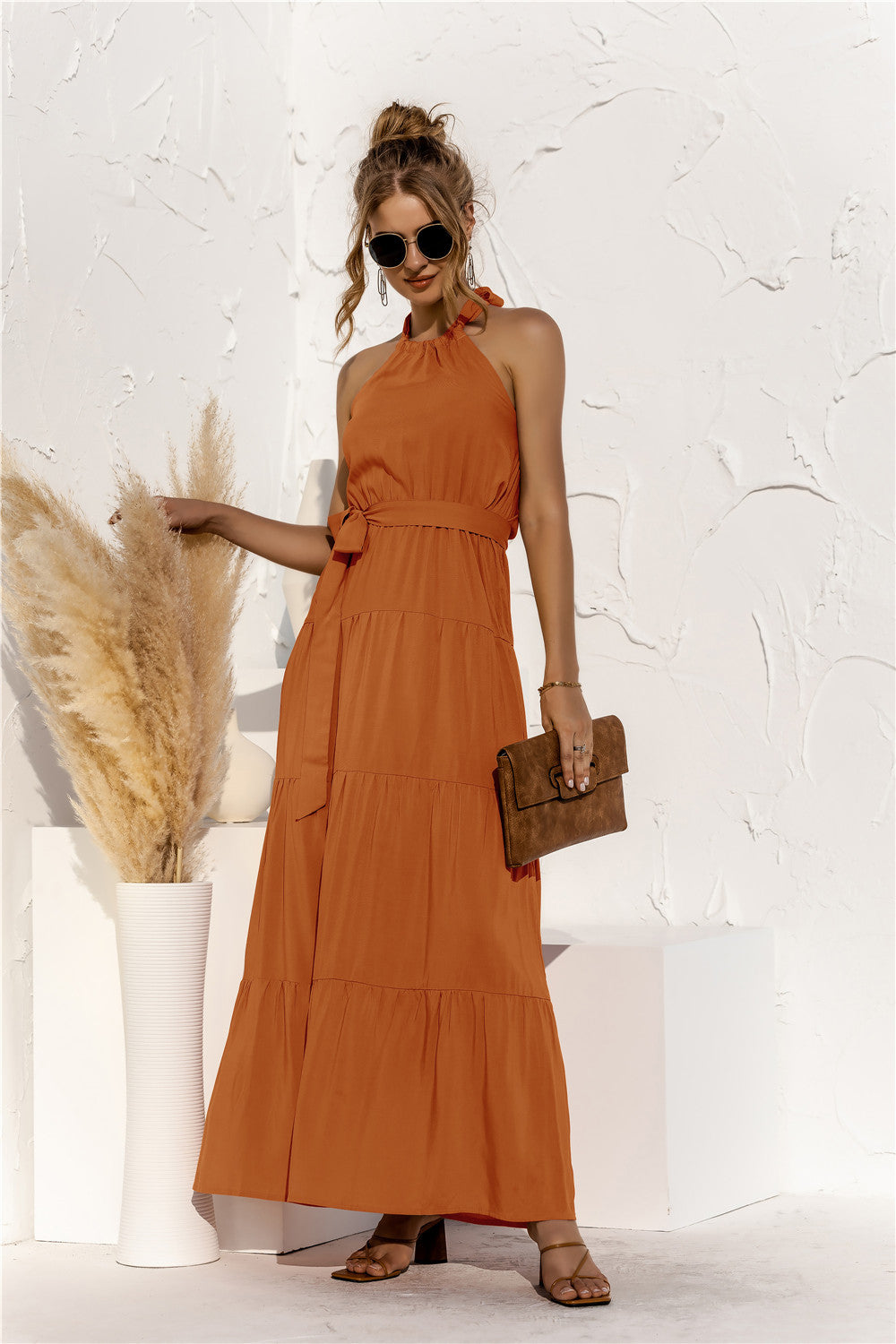 halter neck tie waist tiered maxi dress