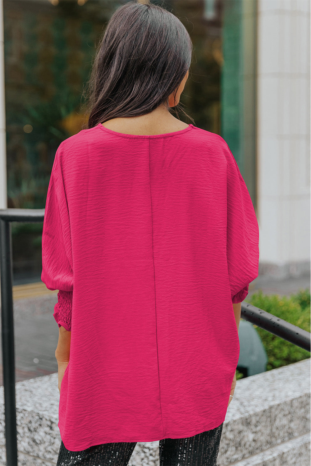 round neck dolman sleeve textured blouse