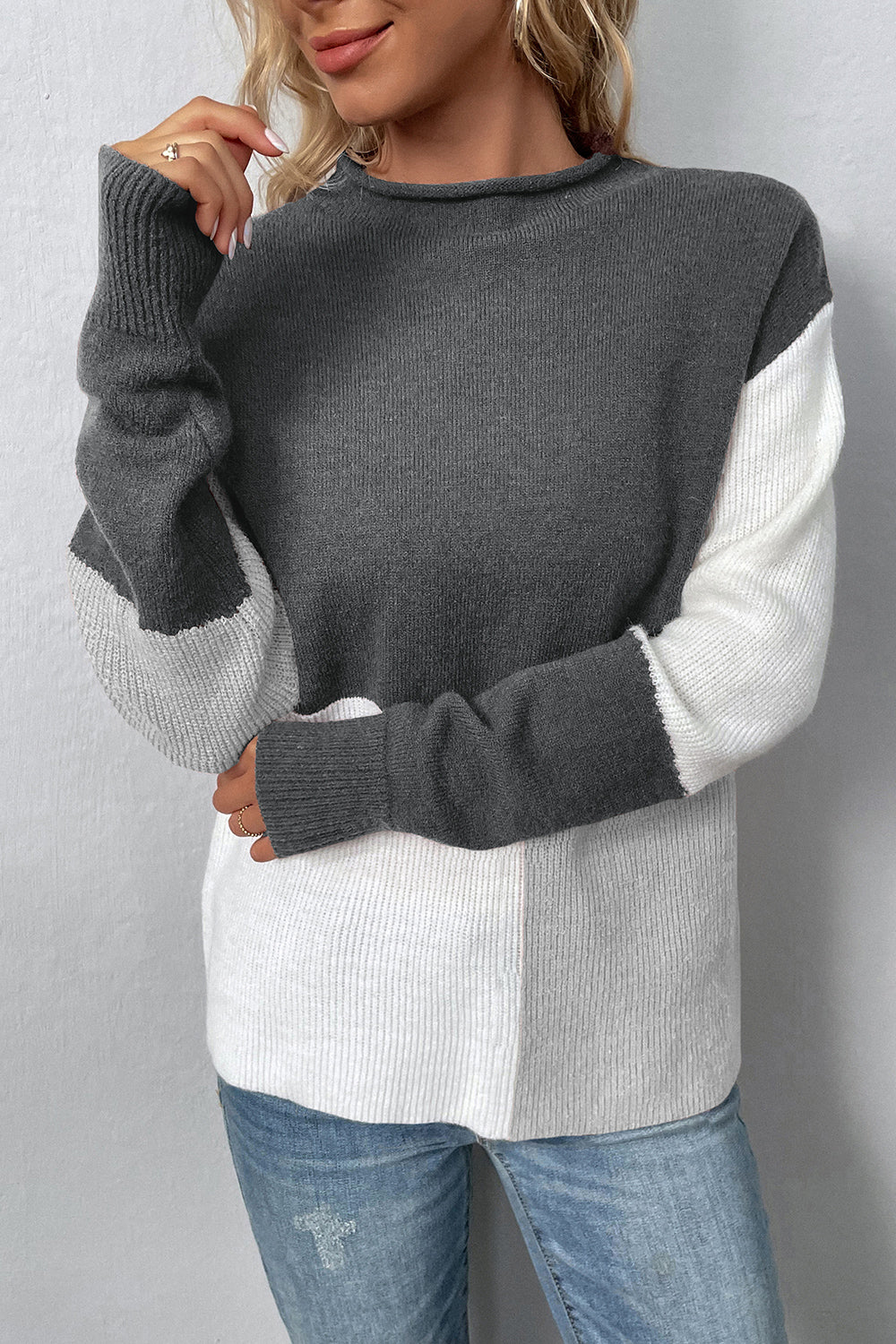 color block round neck dropped shoulder sweater