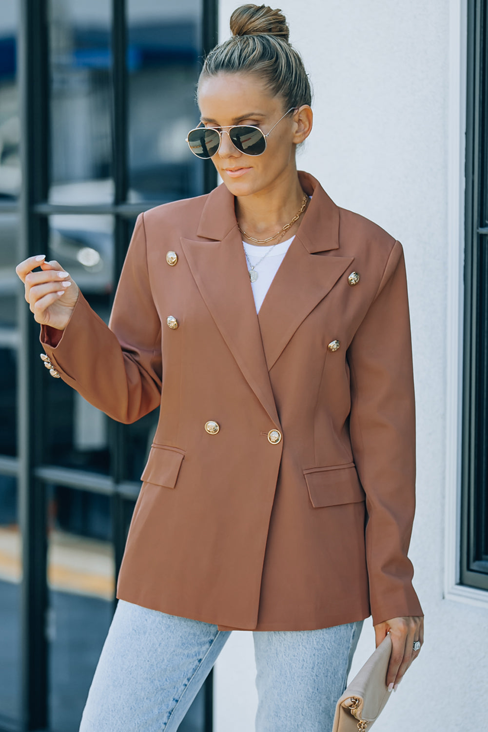 double-breasted lapel collar long sleeve blazer