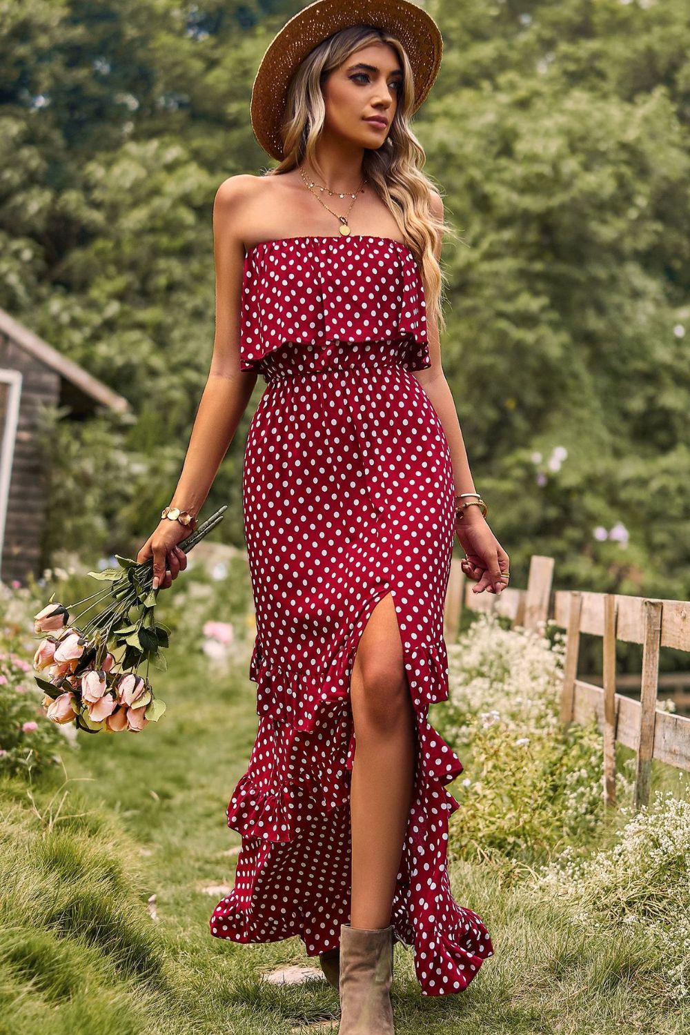 polka dot strapless slit ruffled maxi dress