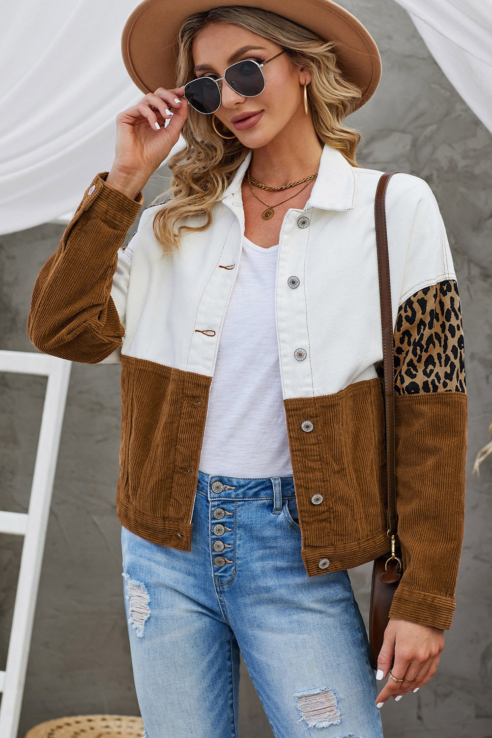 leopard color block button-up corduroy shacket