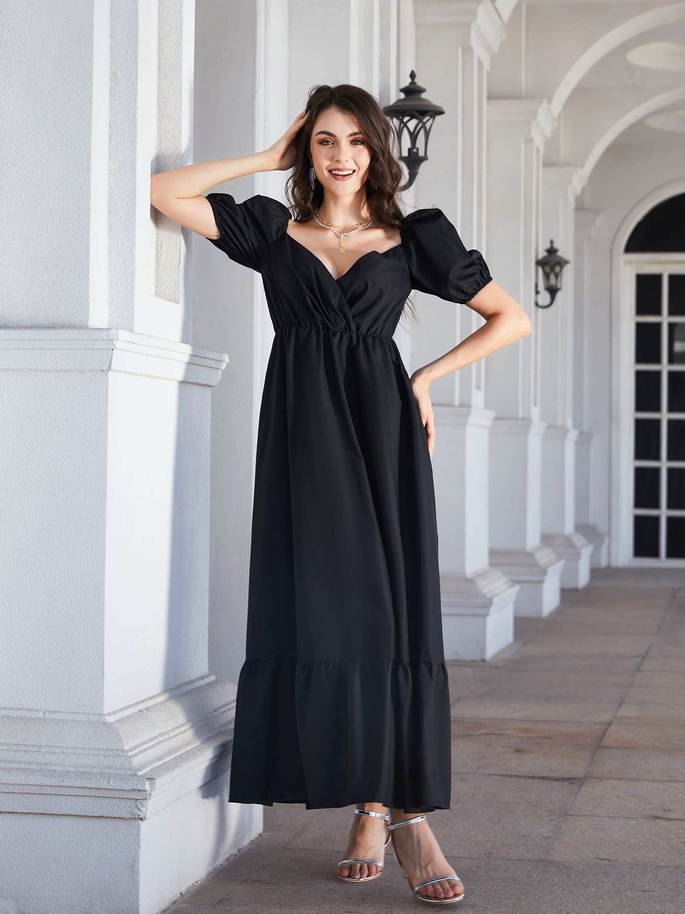 surplice neck ruffle hem balloon sleeve maxi dress