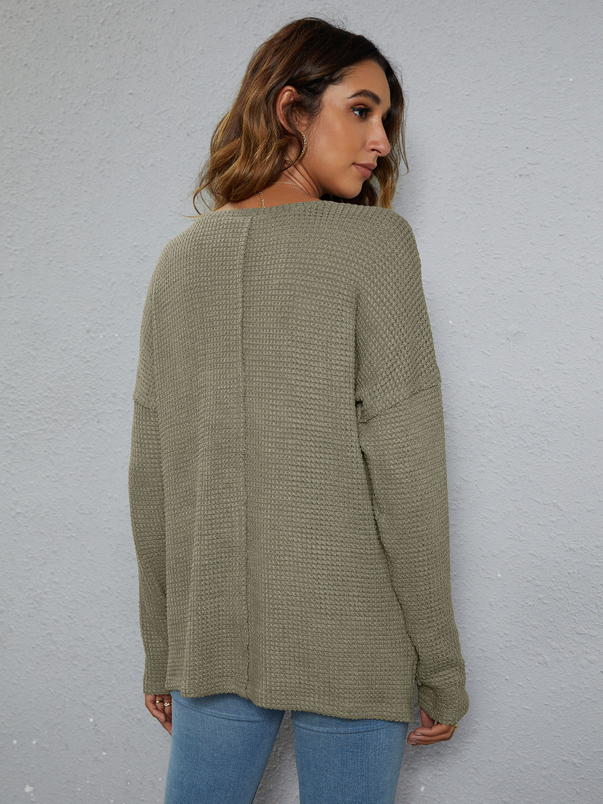 dropped shoulder high-low waffle-knit top