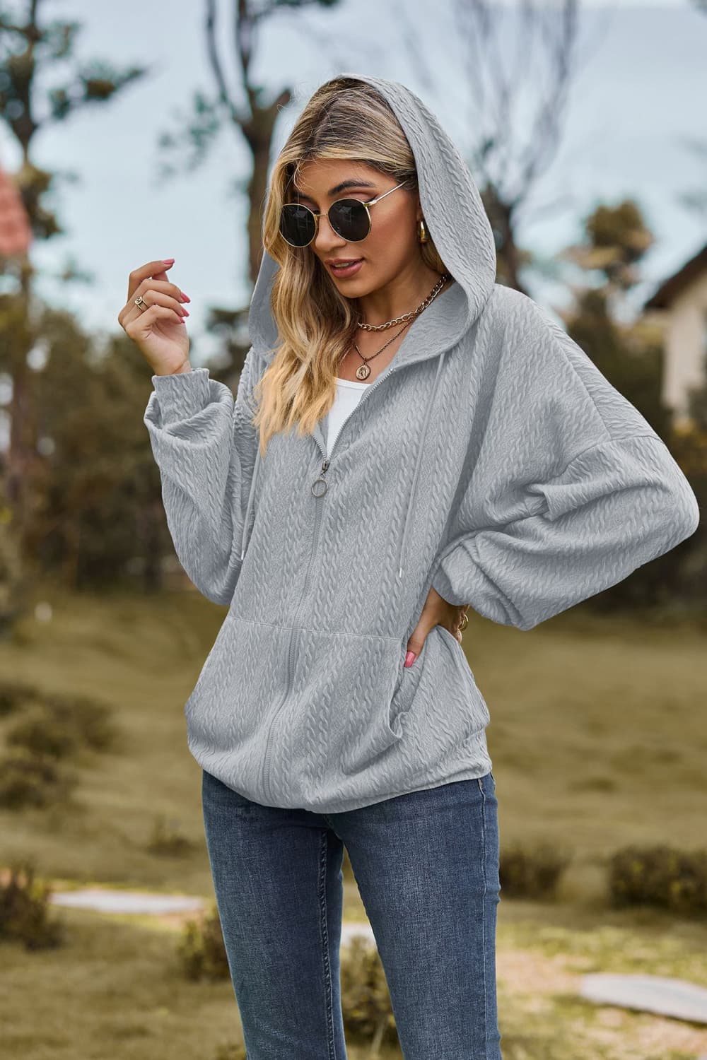 cable-knit long sleeve hooded jacket