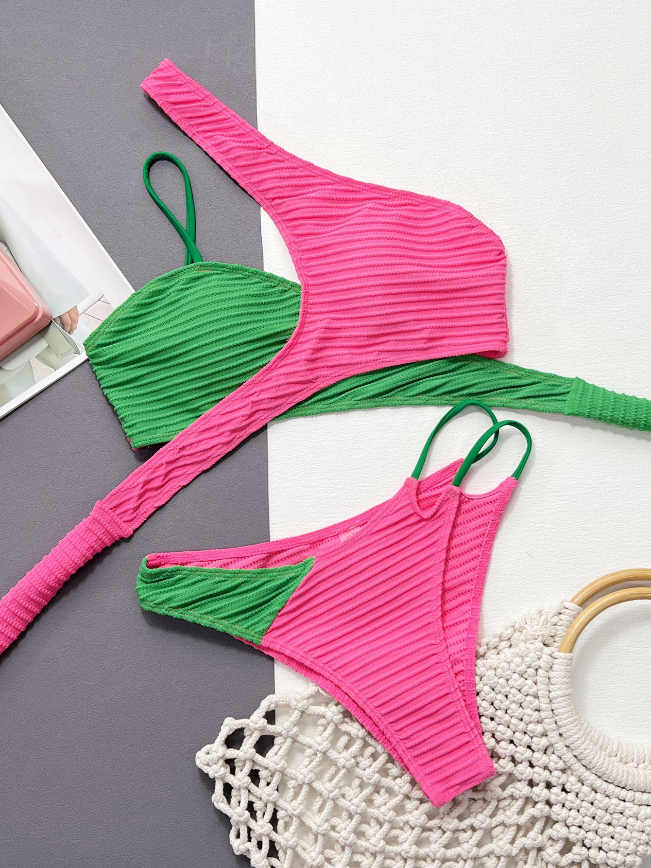 contrast one-shoulder two-piece swim set