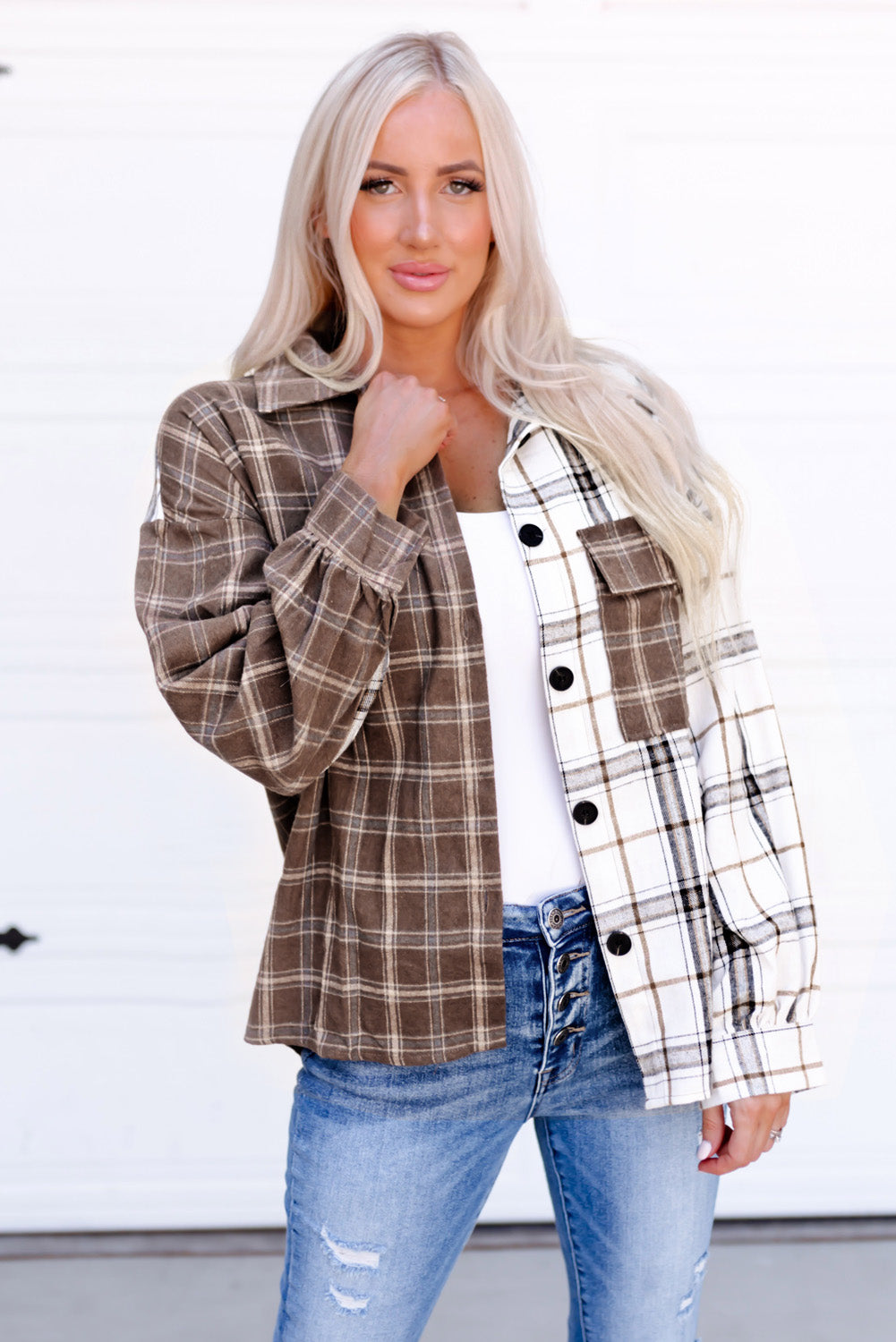 plaid contrast button up shirt jacket