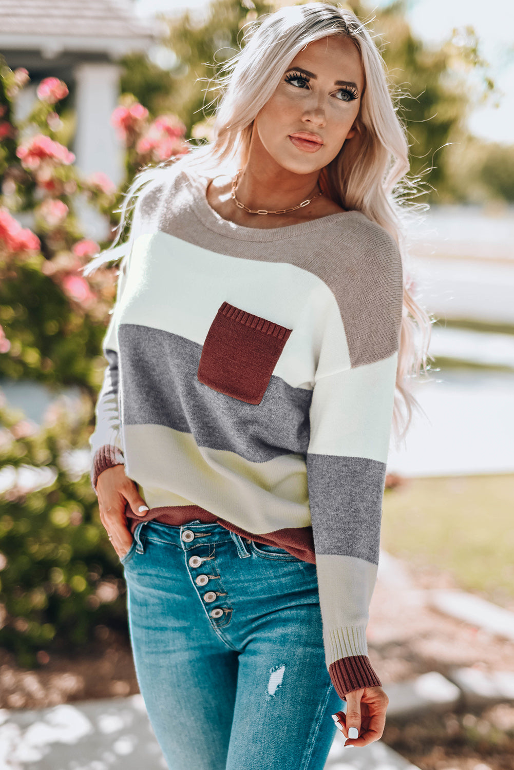 woven right color block drop shoulder round neck sweater