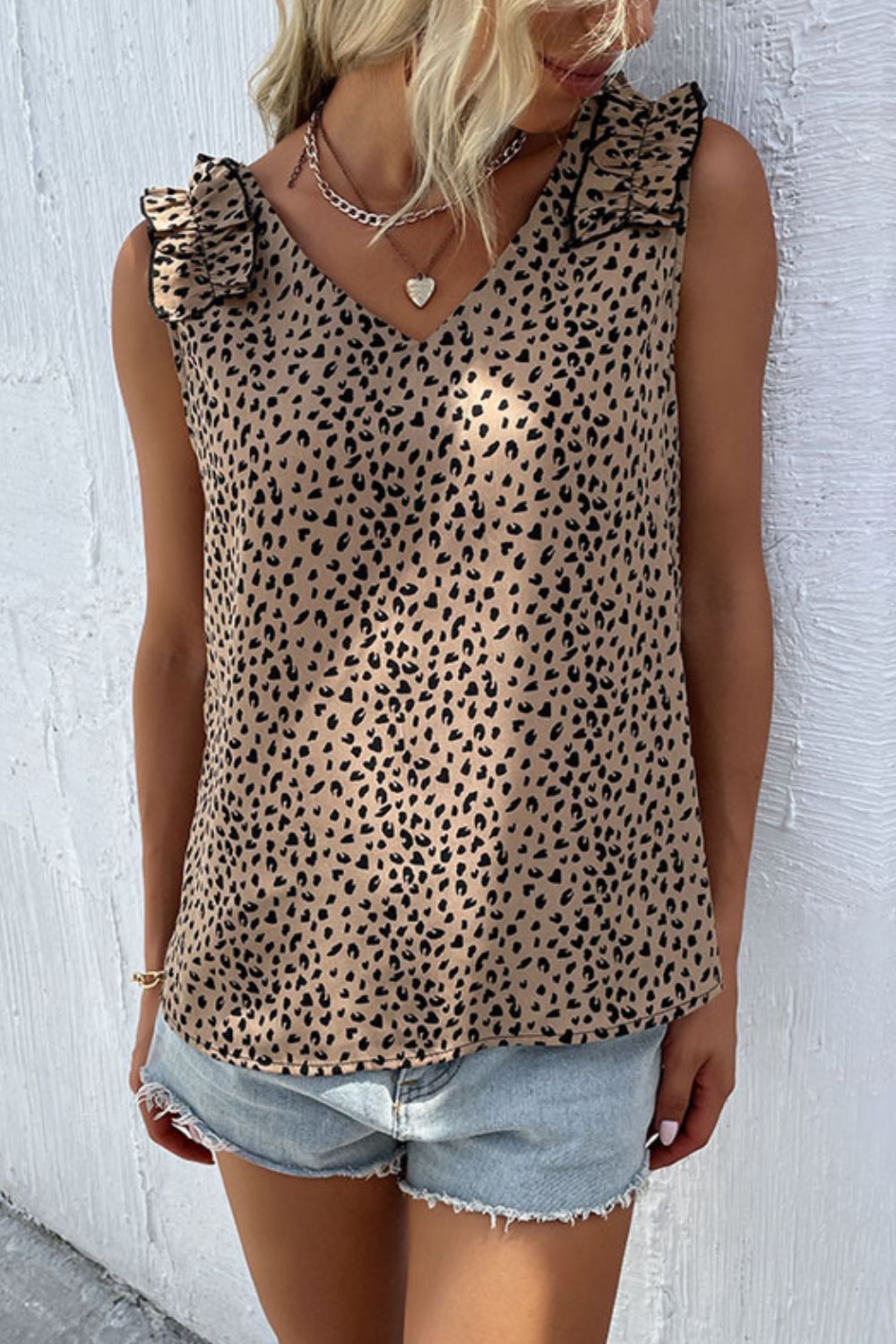 leopard frill trim v-neck tank