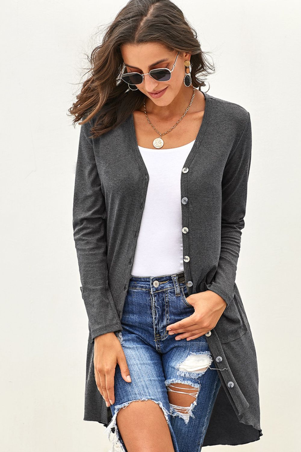 v-neck long sleeve cardigan with pocket