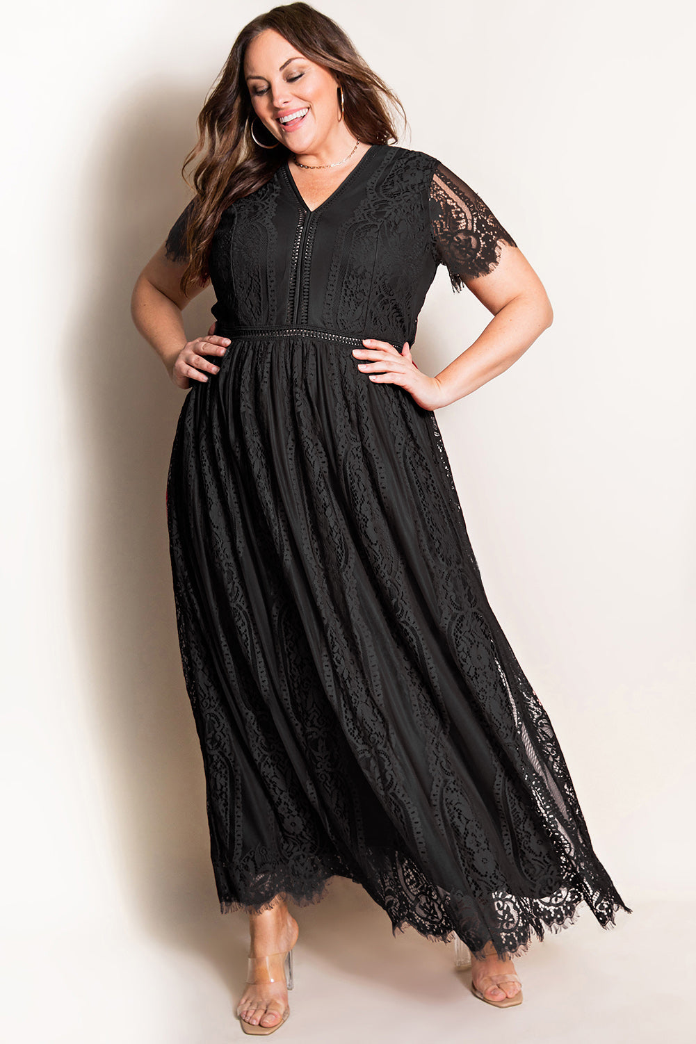 v-neck short sleeve lace maxi dress