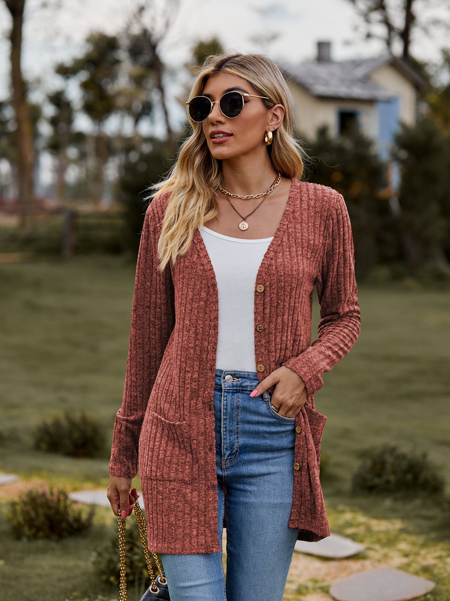 ribbed button-up cardigan with pockets