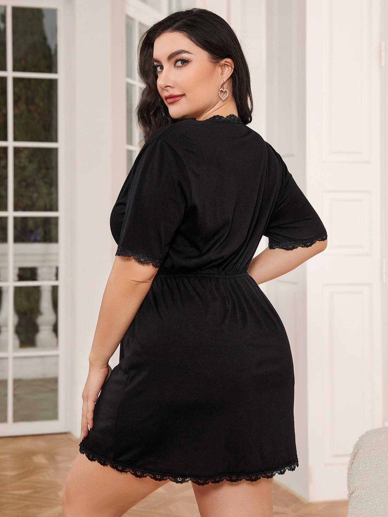 plus size lace trim deep v night dress