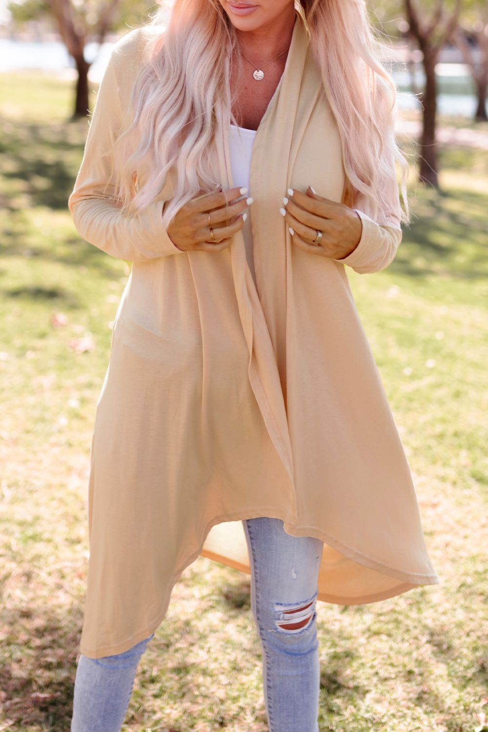 high-low open front cardigan with pockets