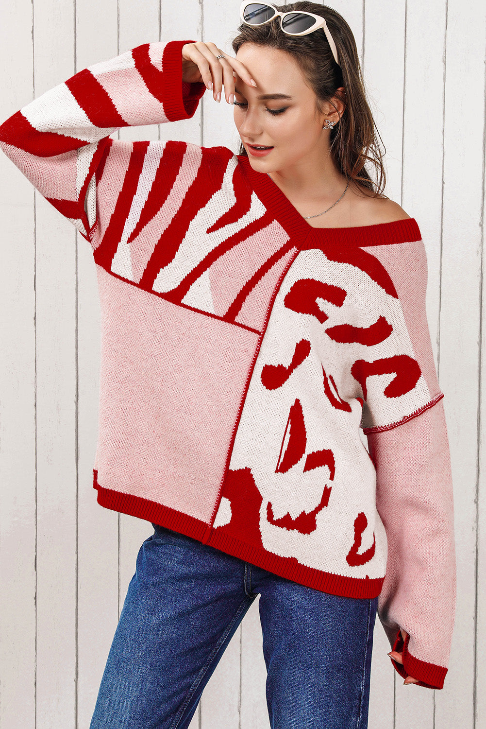 v-neck printed dropped shoulder sweater