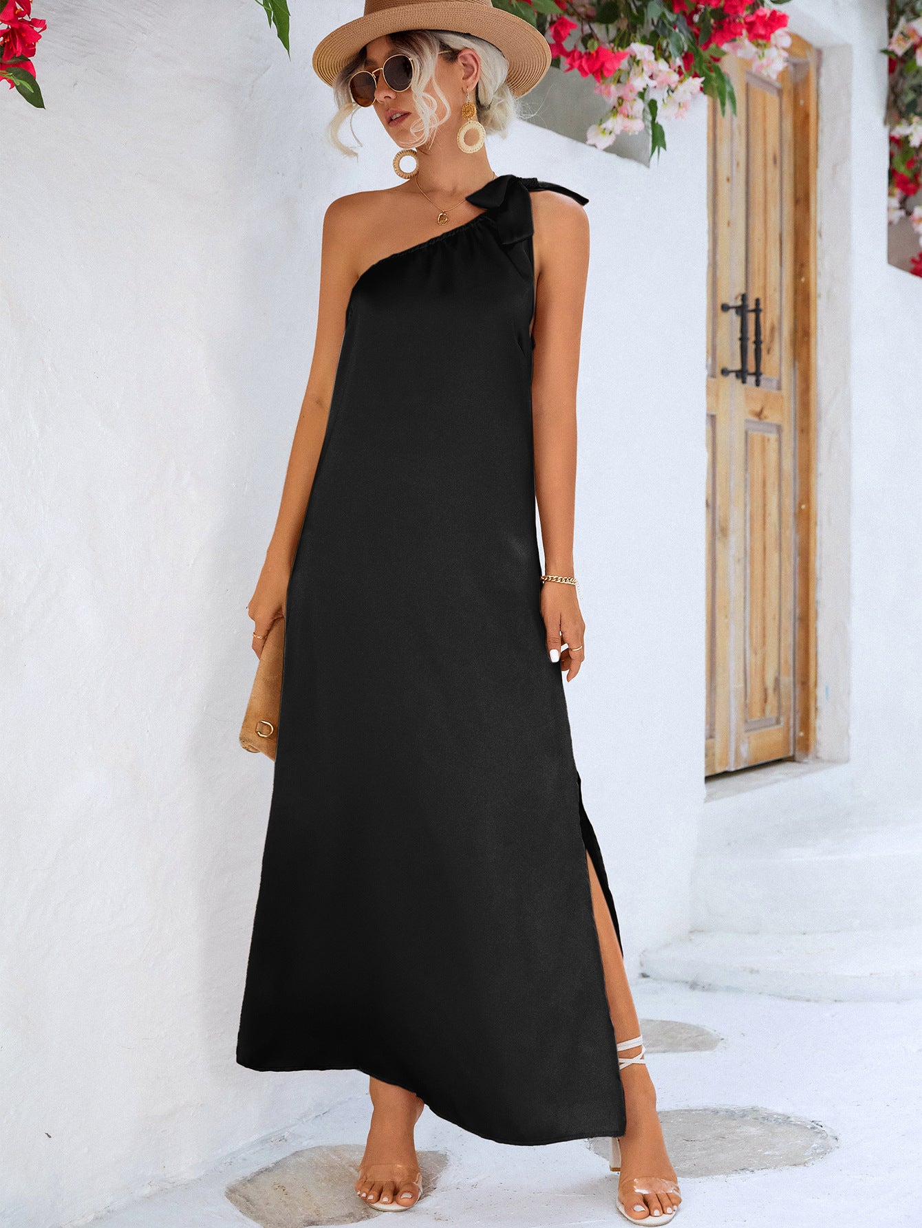 one-shoulder slit maxi dress