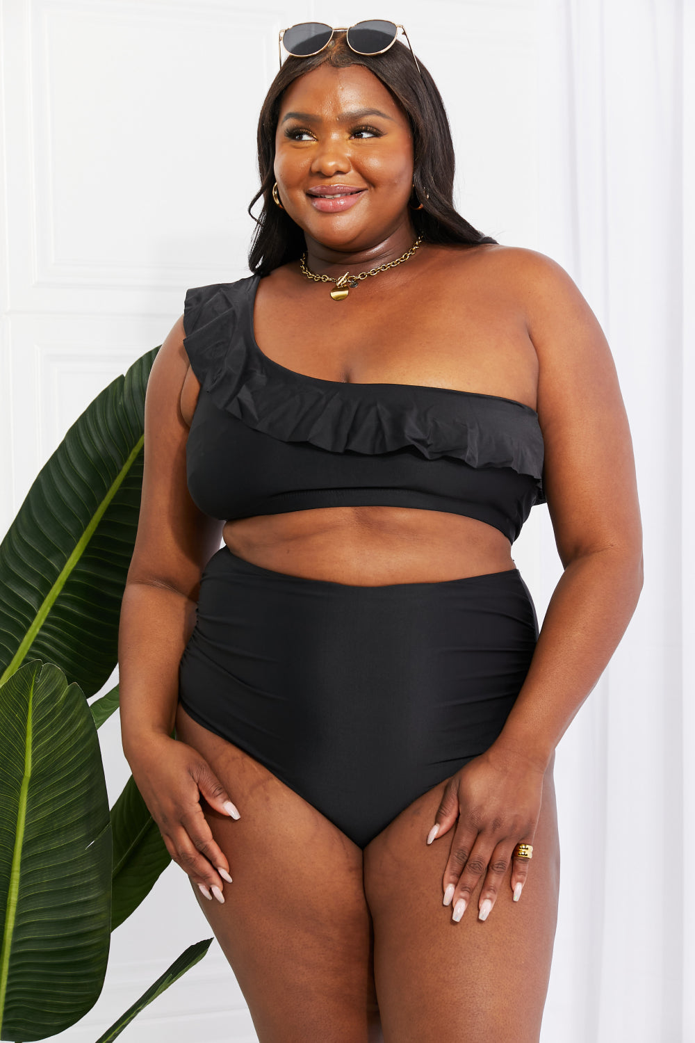 marina west swim seaside romance ruffle one-shoulder bikini in black