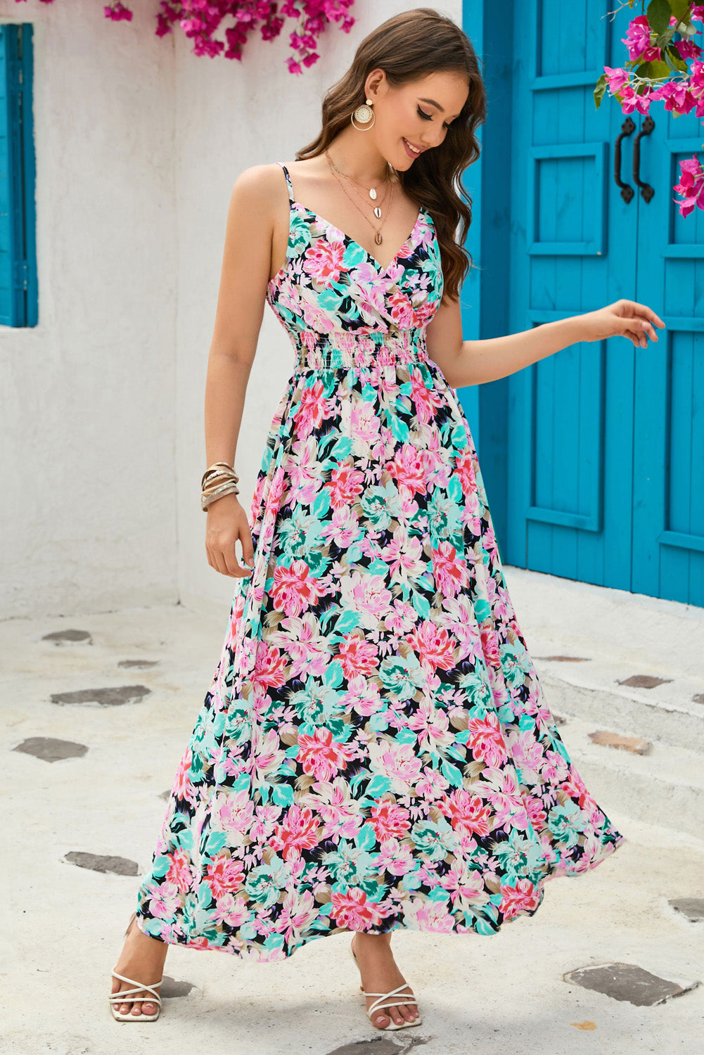 floral spaghetti strap surplice neck maxi dress