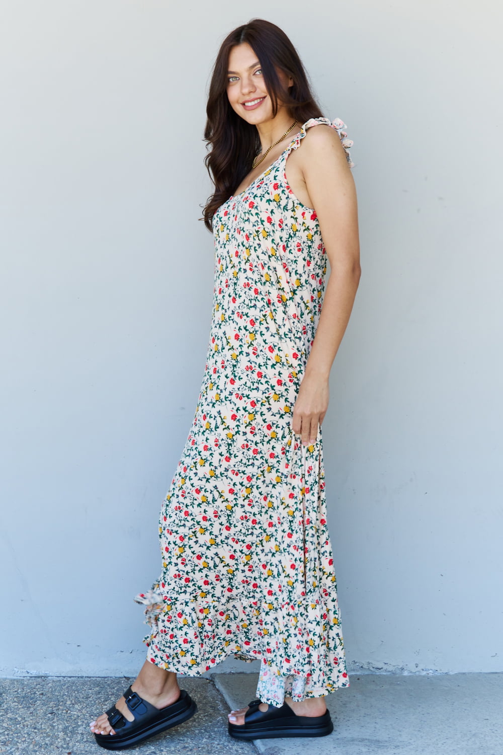 doublju in the garden ruffle floral maxi dress in natural rose