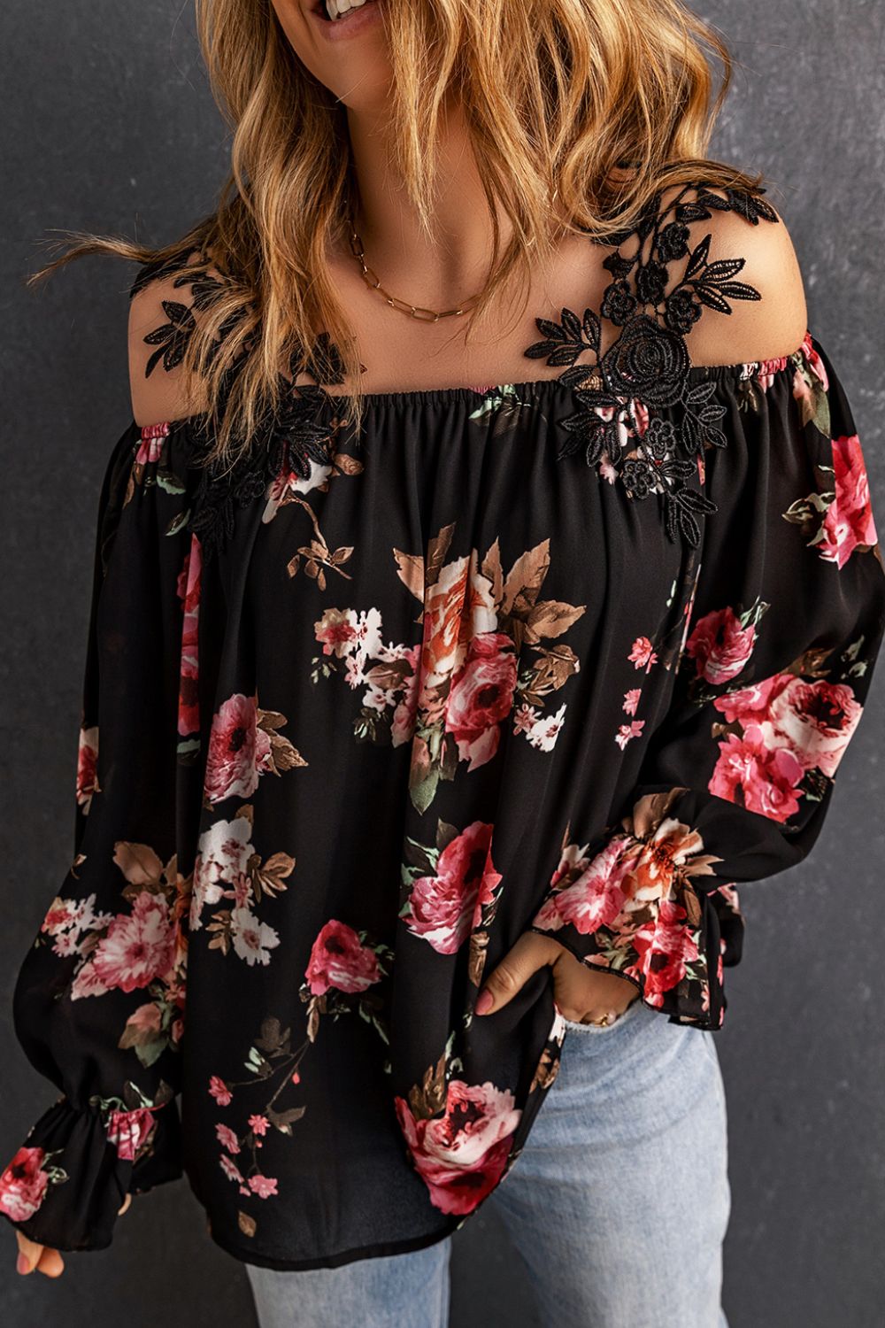 floral lace cold-shoulder flounce sleeve blouse