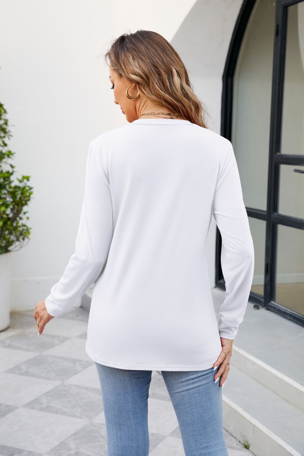 v-neck ruched long sleeve blouse