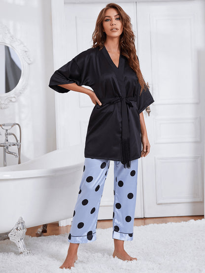 Cami, Robe, and Printed Pants Pajama Set