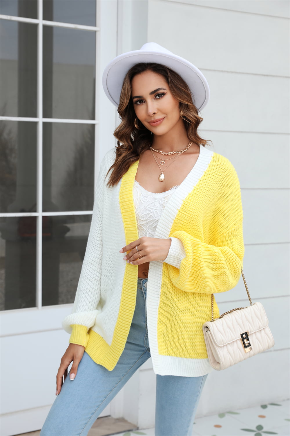 open front contrast color balloon sleeve cardigan