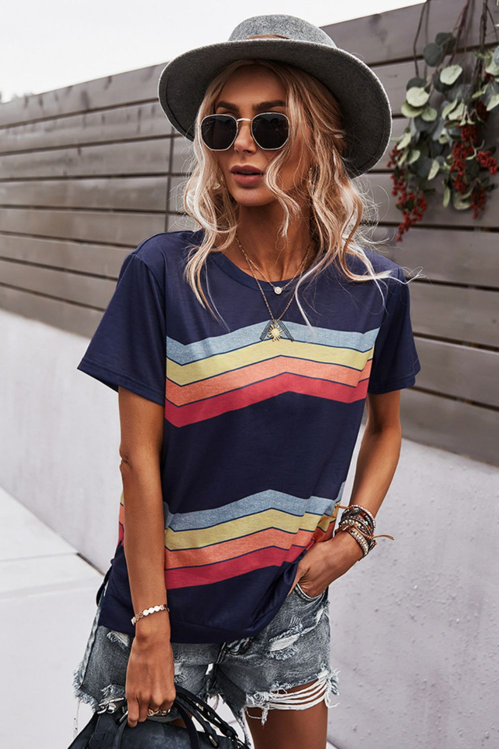 multicolored chevron stripe round neck side slit t-shirt