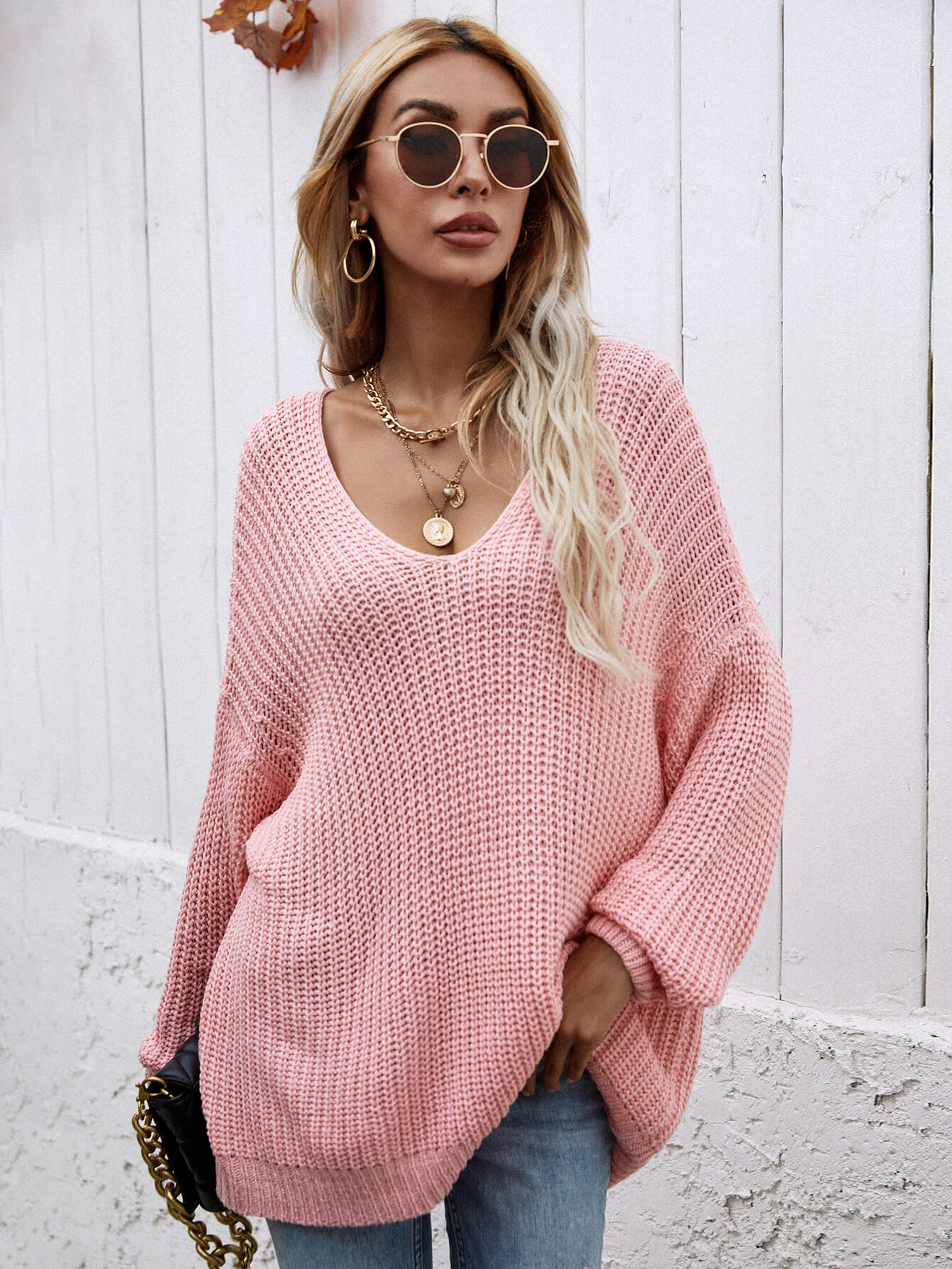 rib-knit drop shoulder v-neck pullover sweater