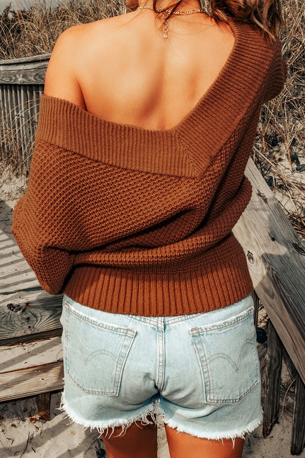 woven right rib-knit drop shoulder v-neck sweater