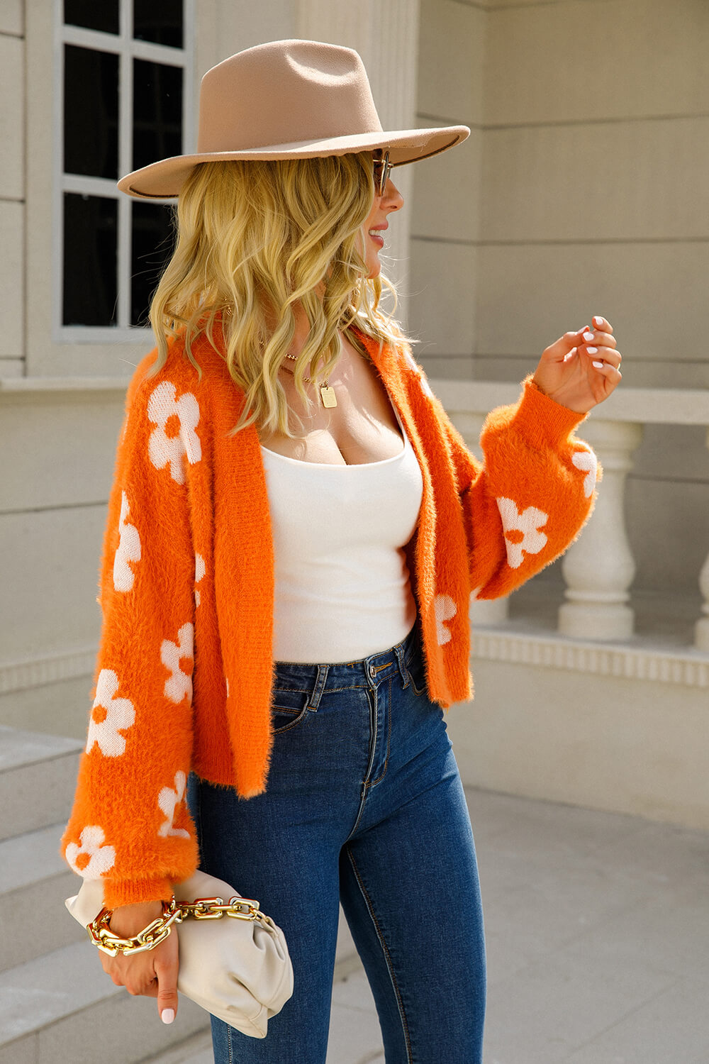 floral open front fuzzy cardigan