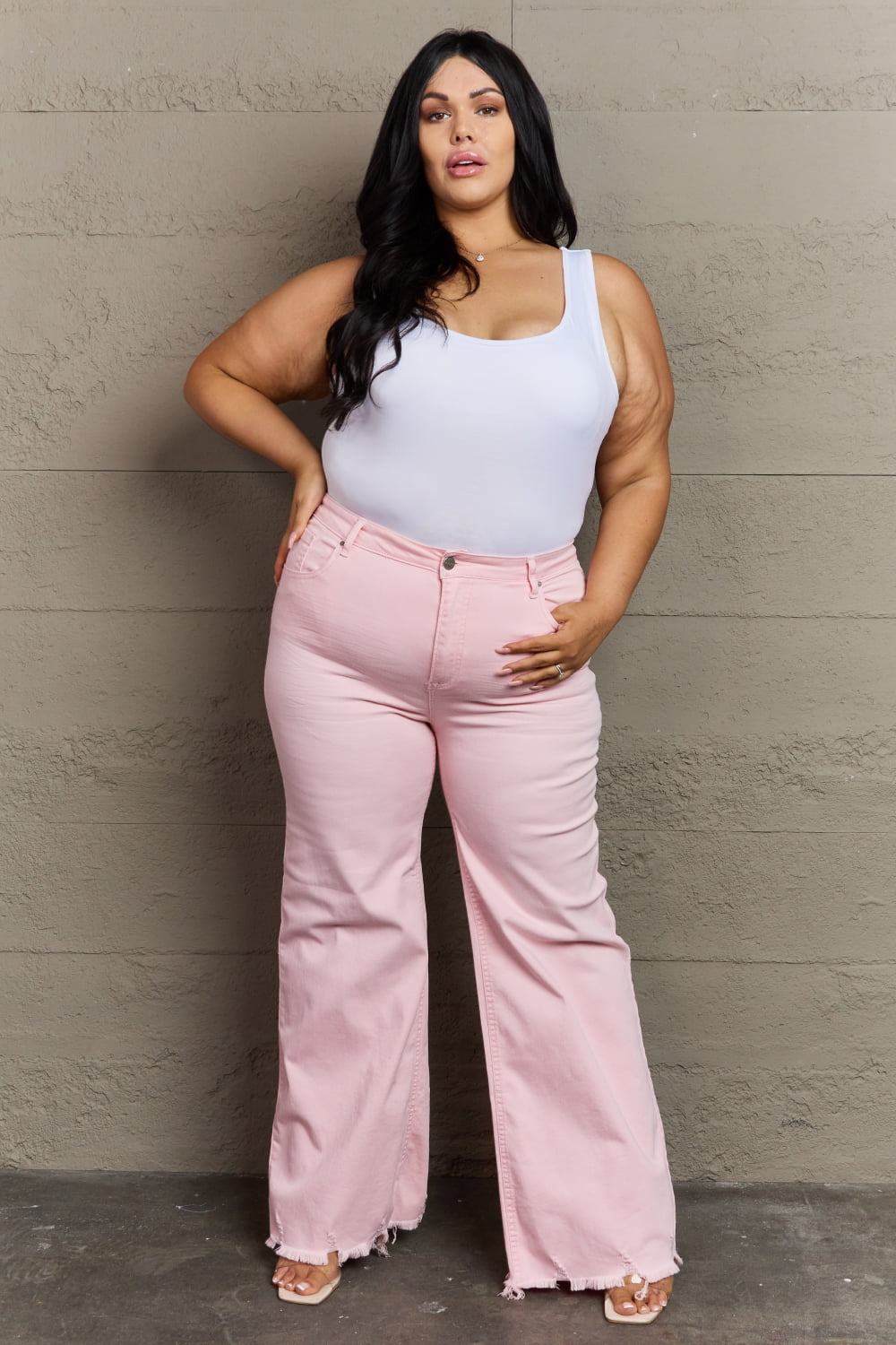 risen raelene full size high waist wide leg jeans in light pink