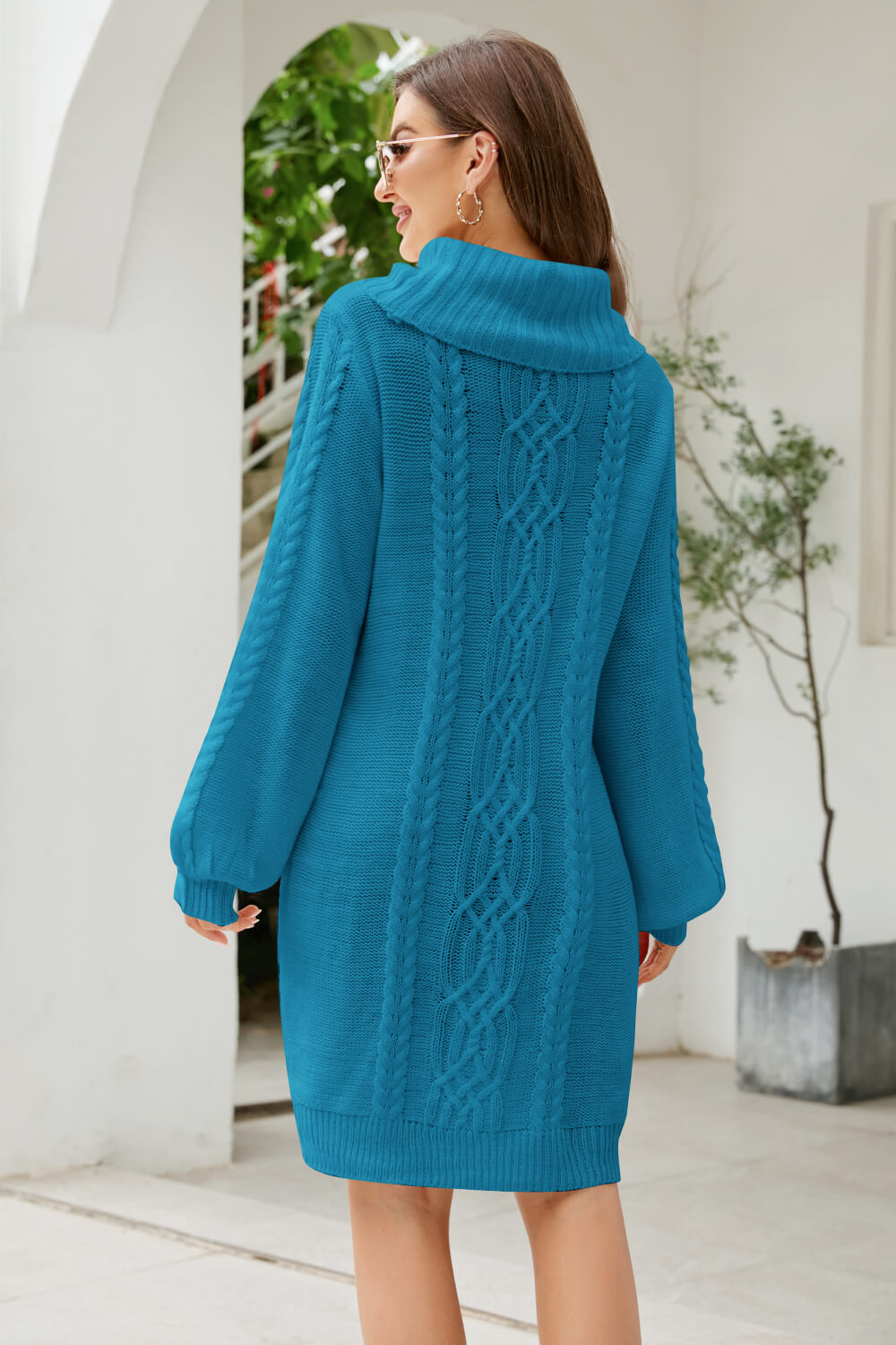 woven right mixed knit turtleneck lantern sleeve sweater dress