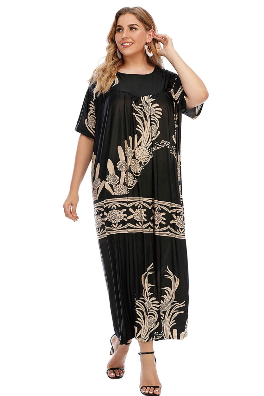 plus size floral round neck half sleeve maxi dress