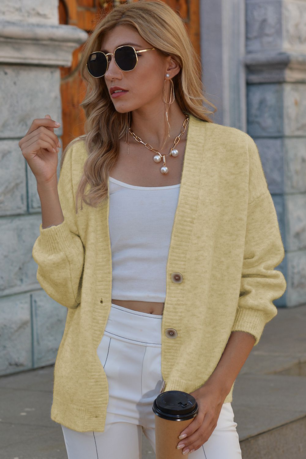 v-neck button-down dropped shoulder cardigan