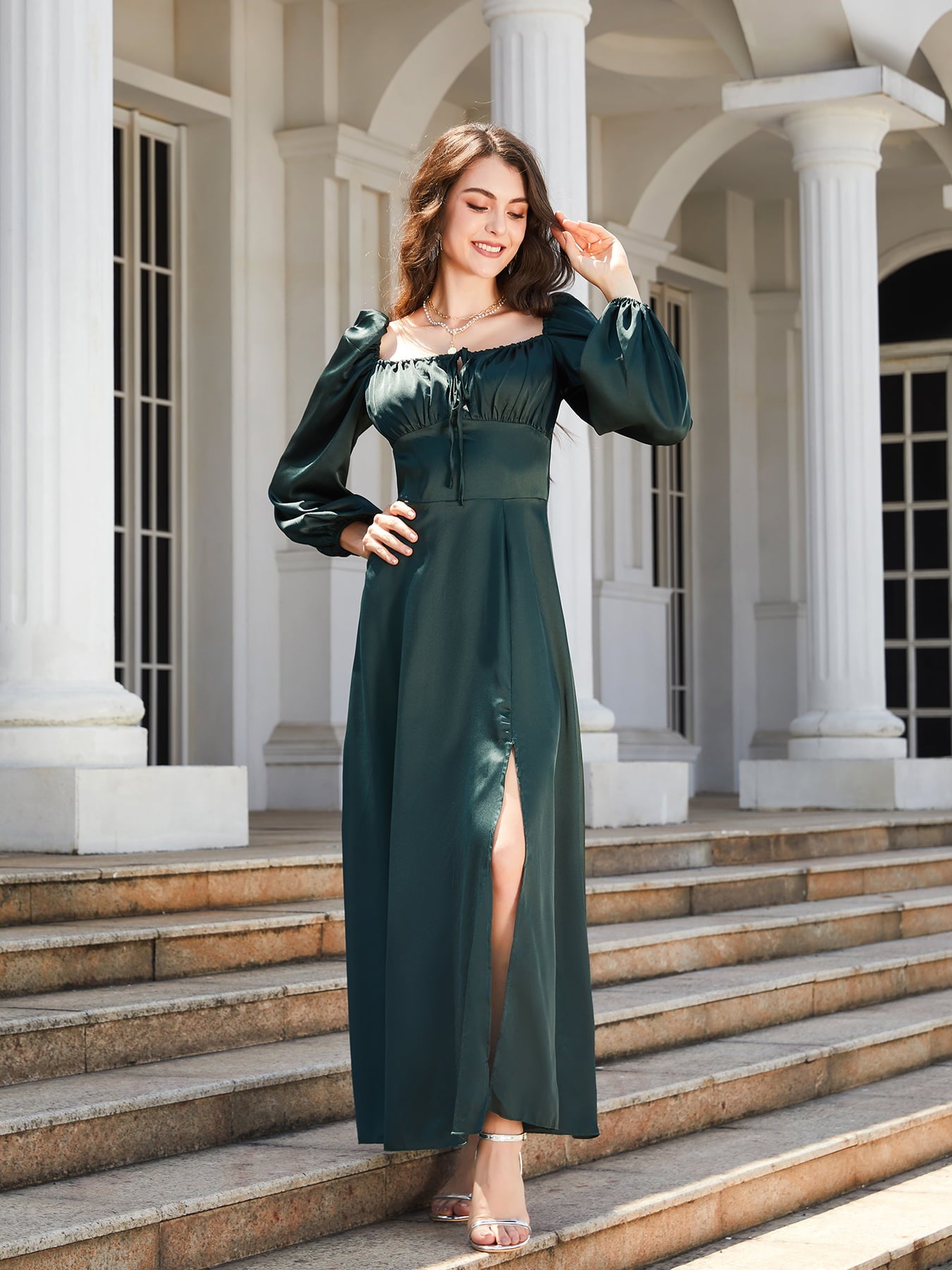 square neck puff sleeve high slit maxi dress