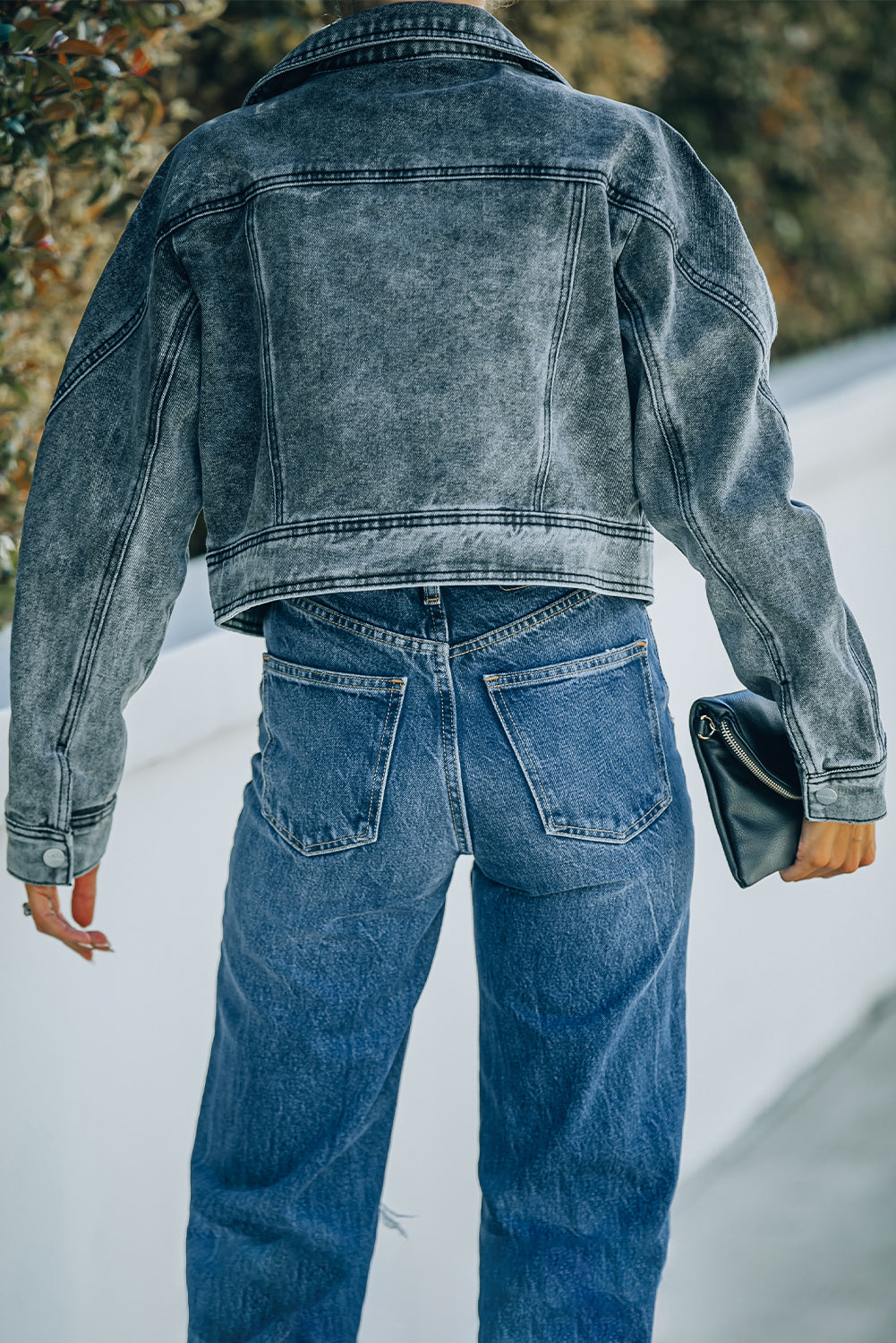 acid wash lapel collar cropped denim jacket