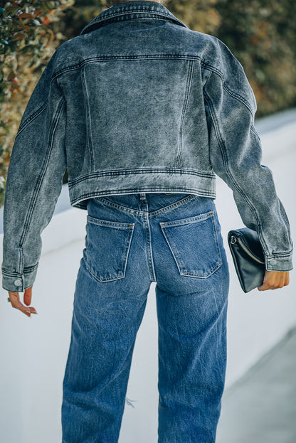 Acid Wash Lapel Collar Cropped Denim Jacket