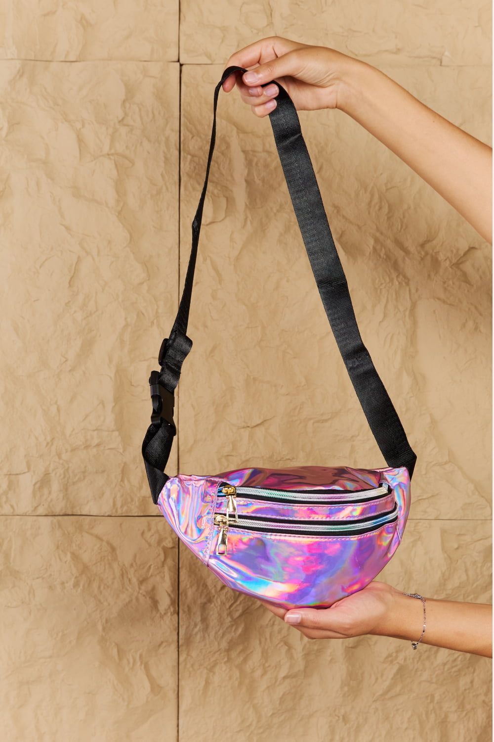 fame good vibrations holographic double zipper fanny pack in hot pink