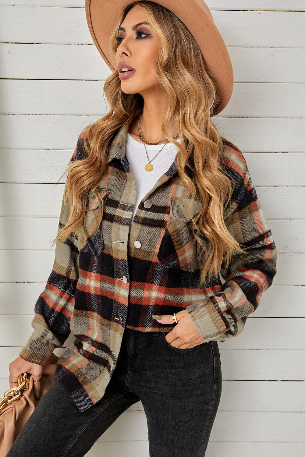 plaid pocketed button down shacket