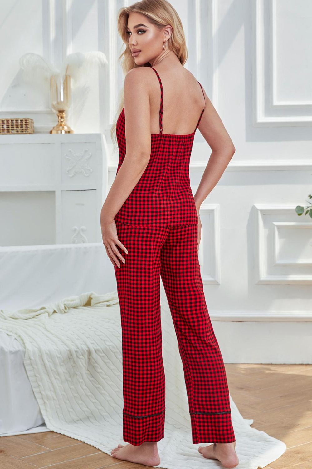 gingham v-neck cami and tied pants lounge set