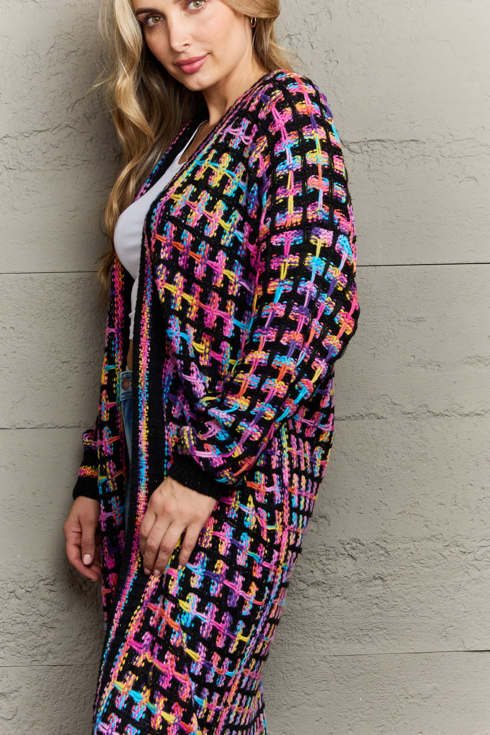 multicolored open front fringe hem cardigan