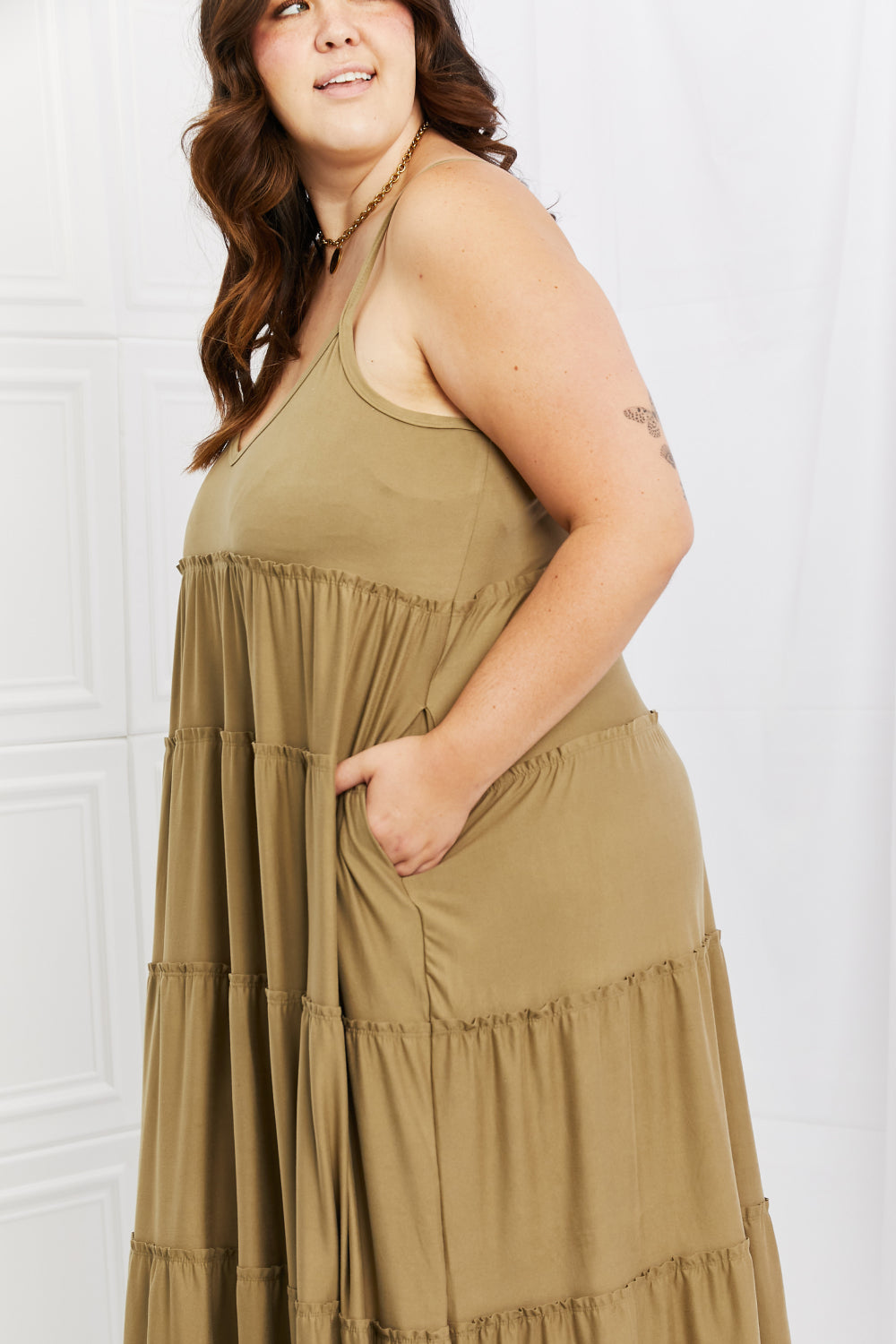 zenana full size spaghetti strap tiered dress with pockets in khaki