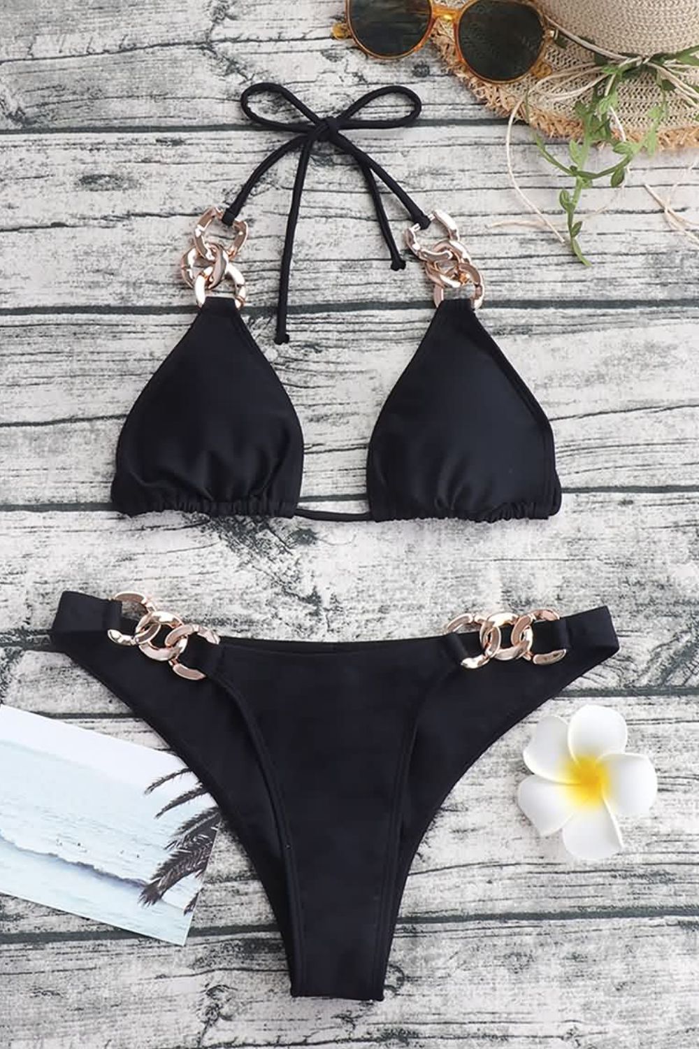 chain detail tied halter neck bikini set