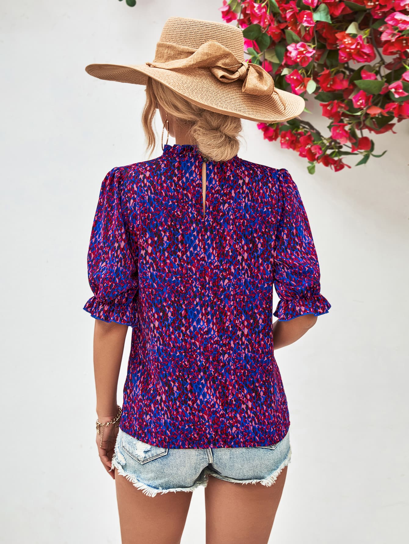 printed ruffle collar flounce sleeve blouse