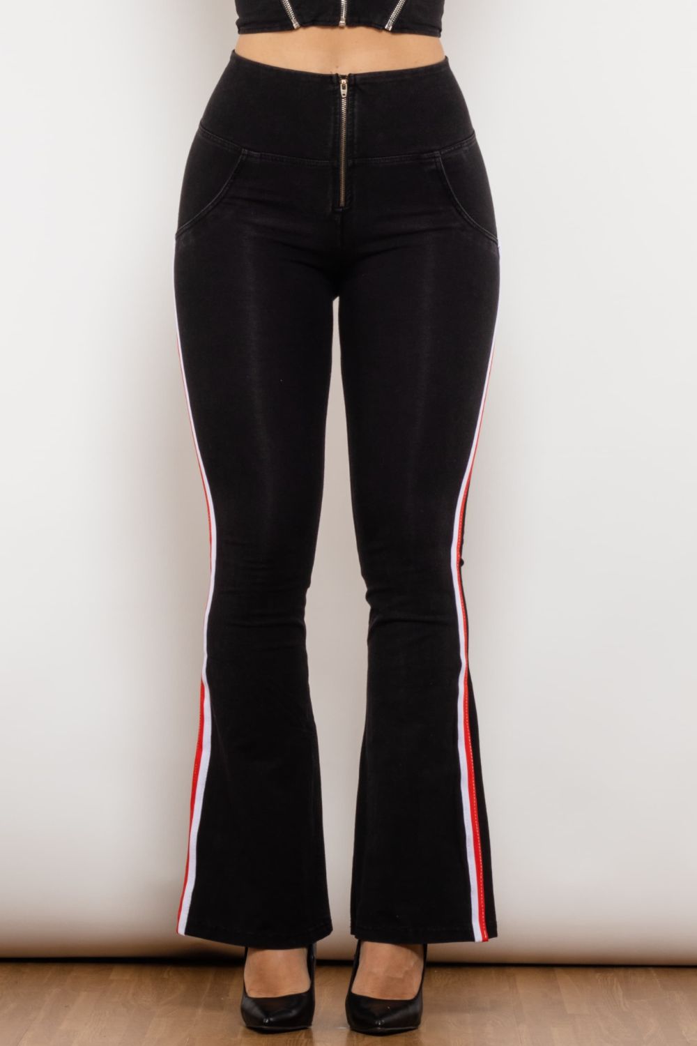 side stripe zip closure bootcut jeans