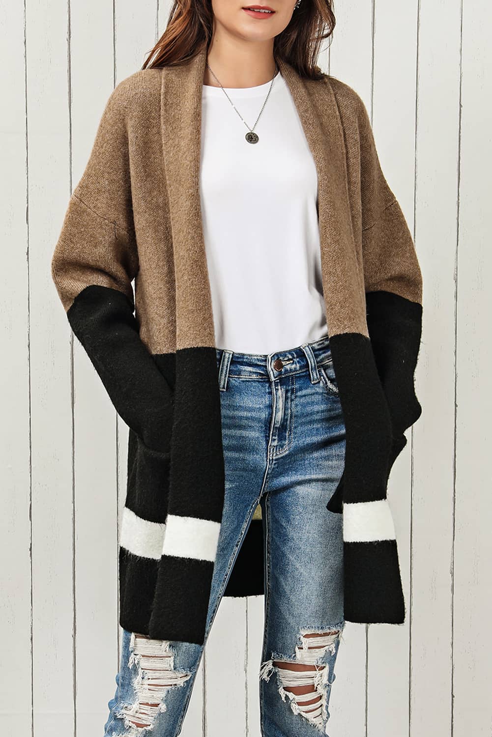 color block dropped shoulder longline cardigan