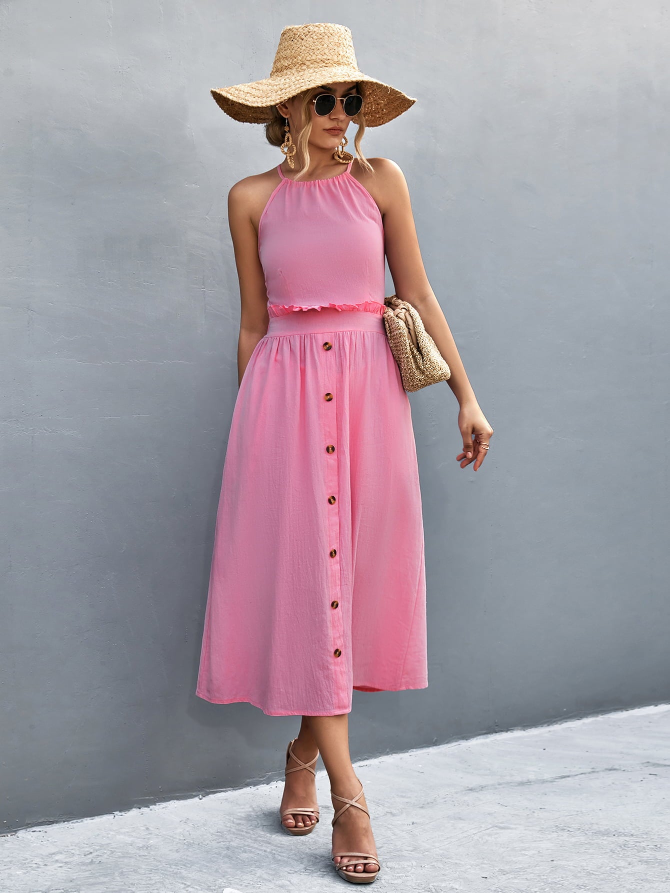 buttoned halter neck frill trim midi dress